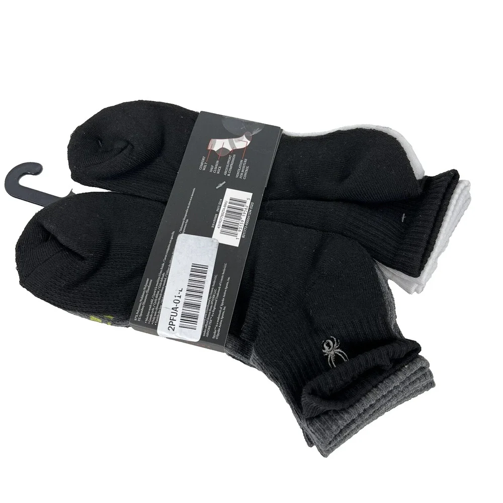 NEW Spyder Men Mesh Quarter Socks 5 Pairs White Black Shoe Size 6 -12 Absorb Tek